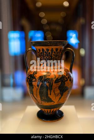 Ancient Greek Terracotta neck-amphora (jar) in Istanbul Archeology Museum, Turkey. Stock Photo