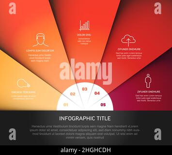 Vector multipurpose Infographic template with five elements, description, numbers and icons on fan red  papers with white center and dark footer. Simp Stock Vector