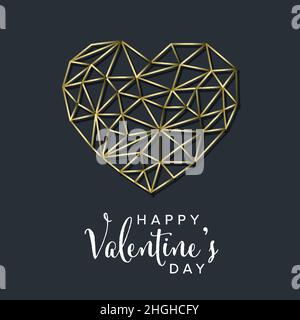 Golden wire Happy Valentines day card template - golden heart triangle shape concept illustration on dark gray background with Happy Valentines day te Stock Vector