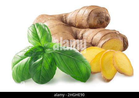 Ginger root with fresh basil leaves, isolated Stock Photo