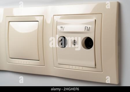 TV and FM sockets. Television and radio broadcasting. Media information concept. Broadcast propaganda idea. Cable antenna outlets Stock Photo