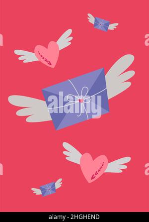 Hearts and letters with wings. Vector image in boho style. valentine's day. A greeting card with a declaration of love. Stock Vector