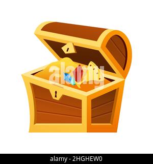 Treasure chest - modern flat design style single isolated object. Neat detailed image of jewelry, gold coins, stones and goblet. Good loot after a bat Stock Vector