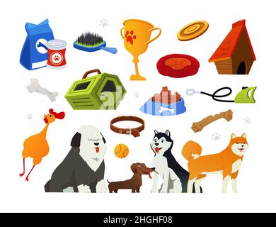 Taking care of dogs - modern flat design style object set. Neat detailed image of different breeds of animals, food, care products and household items Stock Vector