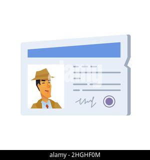 Identity card - modern flat design single isolated object. Neat detailed image of personal document of a man in a brown hat and a classic trench coat, Stock Vector