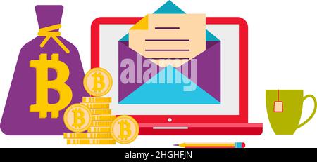 There is a letter on the laptop screen. A mug of tea, a mountain of bitcoin coins and a bag of bitcoins. Cryptocurrency. Stock Vector