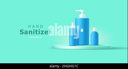 Soap hand sanitizer antiseptic bottles in blue color on podium, sanitizer advertising template Stock Vector