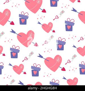 Simple seamless pattern. Hearts, gifts on a white background. Valentine's Day background. Flat design in boho style. Stock Vector
