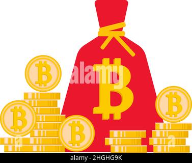 The bitcoins are folded and packed in a red bag. A mountain of bitcoins, coins. Cryptocurrency. Stock Vector