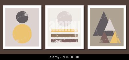 A set of abstract posters depicting simple shapes. Modern minimalist background in modern boho style. Stock Vector