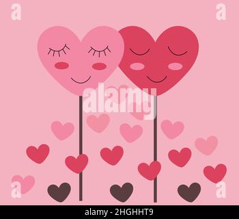 Love greeting card Happy Valentines Day. Two hearts on a stick with eyes and cheeks are shy and in love on a pink background. Vector. Stock Vector
