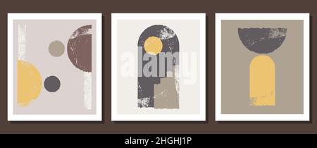 A set of abstract posters depicting simple shapes. Modern minimalist background in modern boho style. Stock Vector