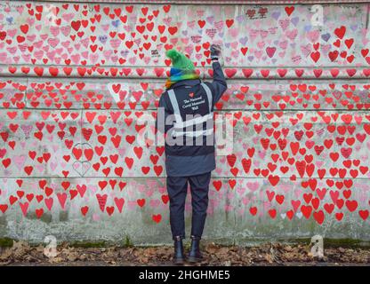 London, UK. 21st Jan, 2022. Volunteers, many of whom have lost family members to coronavirus, continue to paint new hearts and repaint some which have faded over time on the National Covid Memorial Wall. Over 150,000 red hearts have been painted to date on the wall outside St Thomas' Hospital opposite the Houses of Parliament, one for each life lost to COVID-19, and new ones are added daily. Credit: Vuk Valcic/Alamy Live News Stock Photo