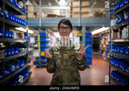 U.S. Air Force Staff Sgt. Angela Martinez, the 354th Civil Engineering Squadron noncommissioned in charge of material control, poses for a portrait on Eielson Air Force Base, Alaska, Aug. 5, 2021. As operations manager by trade, Martinez is responsible for maintaining the warehouse materials which are used to help repair and sustain the base. Stock Photo