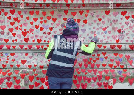 London, UK. 21st Jan, 2022. Volunteers, many of whom have lost family members to coronavirus, continue to paint new hearts and repaint some which have faded over time on the National Covid Memorial Wall. Over 150,000 red hearts have been painted to date on the wall outside St Thomas' Hospital opposite the Houses of Parliament, one for each life lost to COVID-19, and new ones are added daily. Credit: Vuk Valcic/Alamy Live News Stock Photo