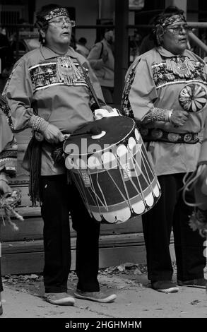 Drummers for a Native American dance group from Zuni Pueblo in New Mexico perform at an Indigenous Peoples' Day celebration in Santa Fe, New Mexico. Stock Photo
