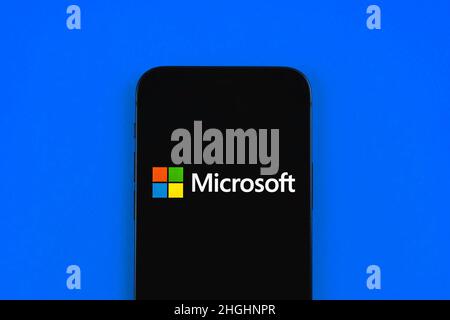 Kharkov, Ukraine - January 19, 2021: Microsoft logo on a blue background, top view Stock Photo
