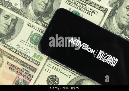 Kharkov, Ukraine - January 19, 2021: Activision Blizzard and money, logo closeup Stock Photo