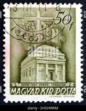 HUNGARY - CIRCA 1939: a stamp printed in the Hungary shows Deak Square Evangelical Church, Budapest, circa 1939 Stock Photo