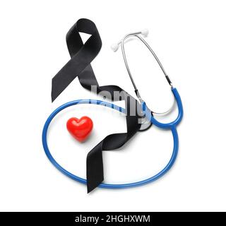 Black ribbon, stethoscope and heart on blue background. Melanoma ...