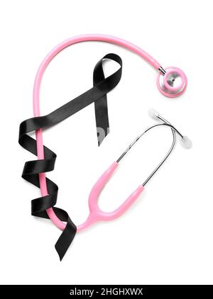 black Ribbon and stethoscope on white background. Melanoma and skin ...