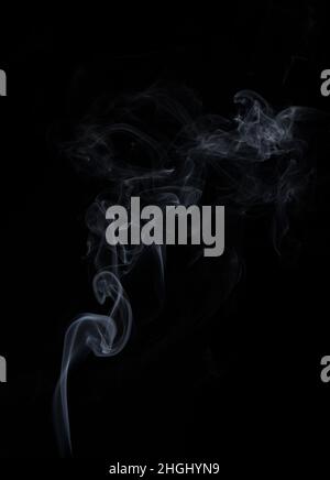 White natural steam smoke effect on solid black background with abstract blur motion wave swirl. Stock Photo