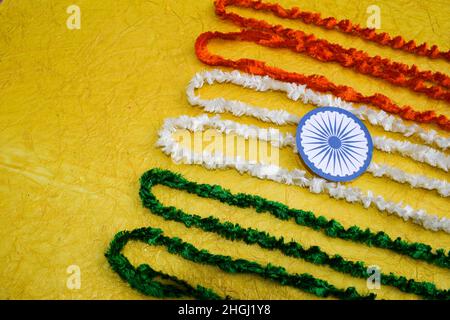 Happy Republic day and Happy Independence day greeting card background posters. Concept of tricolor of India flag with decorative ribbons crafting ide Stock Photo