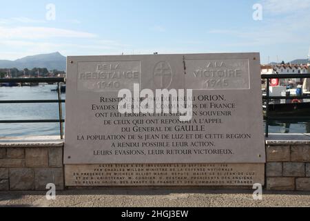 Memorial stone dedicated to the French resistants of the Orion cell during 1940-1944, St Jean de Luz, Pays Basque, Nouvelle Aquitaine Stock Photo