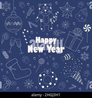 a set of doodles with New Year icons white outline Stock Vector