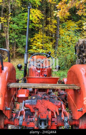 A bright red tractor stands in front of the colorful autumn forest. Stock Photo