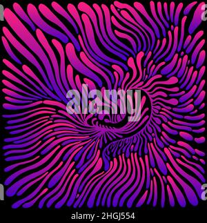 Vibrant abstract lines, spots, isolated on black background. Doodle style. Psychedelic decorative colorful ornament pink violet blue gradient color Stock Vector