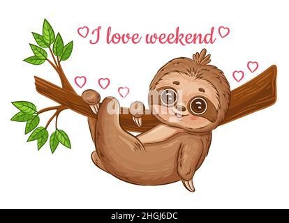 Cute lazy sloth hanging rest on branch tree. Funny tropical jungle baby animal relax. Cartoon character. Slow exotic rainforest kid mammal. Vector Stock Vector