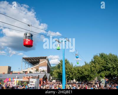 FALCON HEIGHTS, MN - 23 AUG 2019: The Sky Ride is an aerial cable ride with colorful gondolas at the Minnesota State Fair. Stock Photo