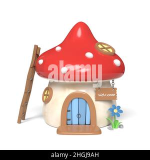 Cute cartoon mushroom house. 3D illustration. Stock Photo