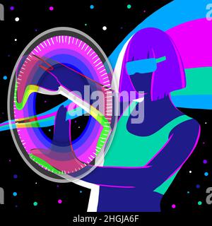 Neon futuristic woman figure art with fully immersive virtual reality headset. VR glasses, augmented reality illustration. Stock Photo