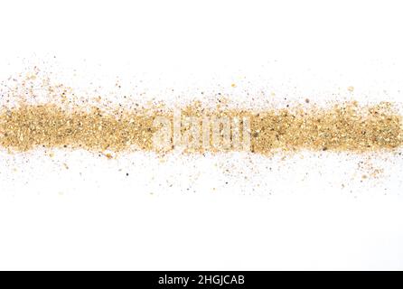 Border made of sea sand and broken shells, banner isolated on white background with copy space for text. Summer vacation concept near the sea Stock Photo
