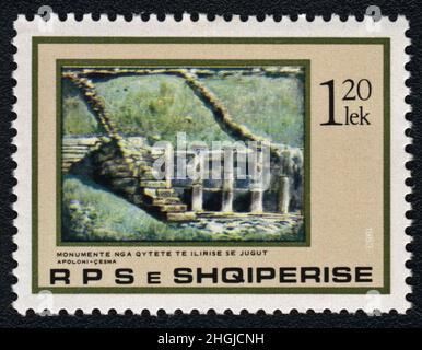 Postage stamps Shqiperise. Ruins Of An Ancient Greek City Of Apollonia. History of Albania. Monuments from South Illyrian cities Stock Photo