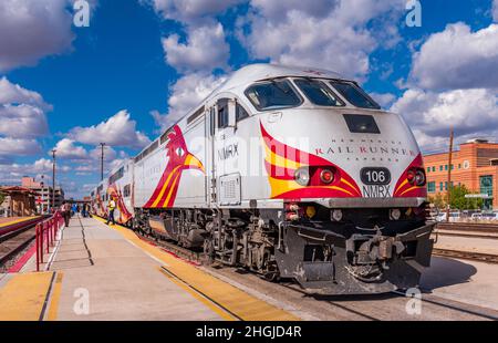 Albuquerque NM - APRIL 1:  People waiting to. board New Mexico Railrunner Express train at the Alvarado Transport Center depot. Stock Photo