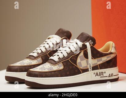 New York, USA. 19th Jan, 2022. Preview of a pair of Louis Vuitton and Nike  “Air Force 1” by Virgil Abloh sneakers on display at Sotheby's Fine Arts  company in New York