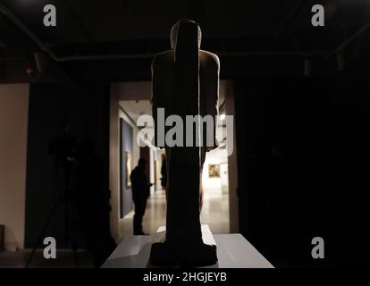 New York, USA. 21st Jan, 2022. An Egyptian Limestone Figure of a Man, late 5th Dynasty, circa 2440-2355 B.C. is on display at a media preview for Sotheby's Masters Week in New York City on Friday, January 21, 2022. Sotheby's Masters Week features a series of eight auctions encompassing Old Master paintings, drawings and sculpture by some of the most celebrated names in European art history. Photo by John Angelillo/UPI Credit: UPI/Alamy Live News Stock Photo