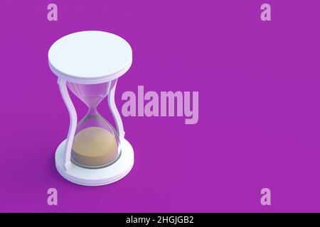 Sandglass on purple background. Vintage items. Countdown time. Historical dimension. Deadline measurement. Copy space. 3d render Stock Photo