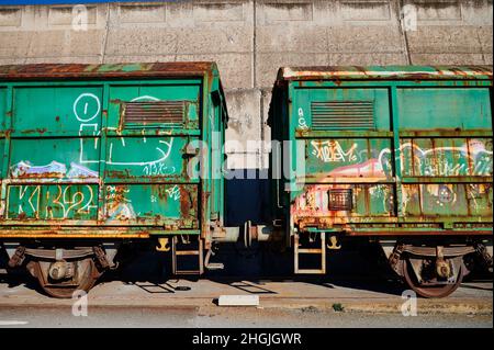 Detail of the abandoned train cars Stock Photo