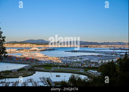 View of the port of Bilbao from Abanto and Zierbena with the new Salamanca Ferry of the Brittany Ferries company at the pier, Zierbena, Biscay, Basque Stock Photo