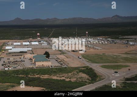 Area photo of the progression of Dona Ana Housing Area near Fort Bliss, Texas, Aug. 22, 2021. The Department of Defense, in support of the Department of State, is providing transportation and temporary housing in support of Operation Allies Refuge. This initiative follows through on America's commitment to Afghan citizens who have helped the United States, and provides them essential support at secure locations outside Afghanistan. Stock Photo