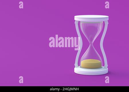 Sandglass on purple background. Vintage items. Countdown time. Historical dimension. Deadline measurement. Copy space. 3d render Stock Photo