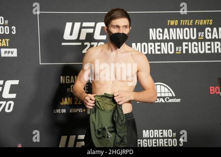 Anaheim, California, ANAHEIM, CA, USA. 21st Jan, 2022. ANAHEIM, CA - January 21: Said Nurmagomedov steps on the scale at Hilton Convention Center for UFC270 - Ngannou vs Gane - Official Weigh-in on January 21, 2022 in Anaheim, California, United States. (Credit Image: © Louis Grasse/PX Imagens via ZUMA Press Wire) Credit: ZUMA Press, Inc./Alamy Live News Stock Photo