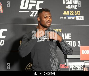 Anaheim, California, ANAHEIM, CA, USA. 21st Jan, 2022. ANAHEIM, CA - January 21: Francis Ngannou steps on the scale at Hilton Convention Center for UFC270 - Ngannou vs Gane - Official Weigh-in on January 21, 2022 in Anaheim, California, United States. (Credit Image: © Louis Grasse/PX Imagens via ZUMA Press Wire) Credit: ZUMA Press, Inc./Alamy Live News Stock Photo