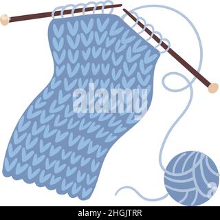 Knitting with needles and a ball of woolen threads. Vector illustration in a flat style Stock Vector
