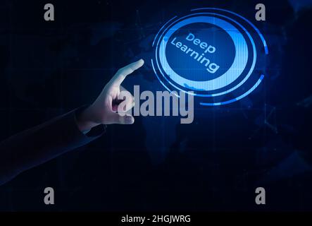 Deep Learning and Artificial Intelligence Abstract Technology Concept Background. Metaverse and Virtual world backdrop Stock Photo
