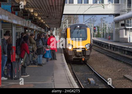 Crosscountry Trains  Bombardier diesel Voyager train arriving at a crowded platform at Wolverhampton railway station on the west coast mainline Stock Photo